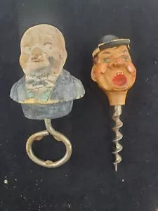 Old Carved head Cork screw & Bottle opener. Kind of looks like Laurel & Hardy - Picture 1 of 8