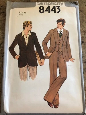 🌻 1978 SIMPLICITY #8443 - MEN'S RETRO JACKET - VEST & PANTS PATTERN CH38" FF - Image 1 of 2