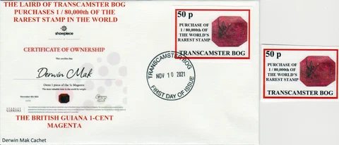Transcamster Bog, Scotland: British Guiana 1-Cent Magenta FDC type 2 + stamp Cover