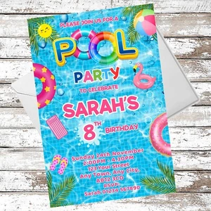 PERSONALISED POOL PARTY INVITATIONS SPLASH BIRTHDAY INVITES WITH ENVELOPES - Picture 1 of 1