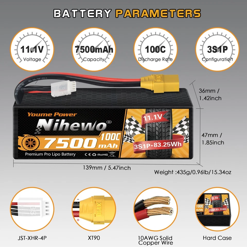 Youme 11,1V 3S 7500mAh Lipo Akku XT90  für RC Hubschrauber Flugzeug Boot Auto - Bild 1 von 1