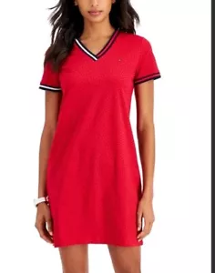 NWT Tommy Hilfiger Red Polka Dot Print V-Neck T-Shirt Dress Women's Size XS - Picture 1 of 6