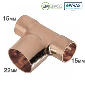 Reducing Tee 15mm x 15mm x 22mm End Feed WRAS Approved Copper Fittings - Picture 1 of 3