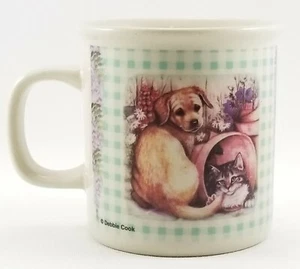 Coffee Mug Art by DEBBIE COOK Best of Friends Puppy Kitten Quilt Gingham Tea Cup - Imagen 1 de 11