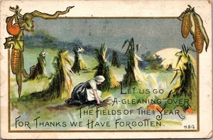 A-Gleaning Over the Fields WOMAN FARMING Thanksgiving embossed c1911 Postcard - Picture 1 of 2