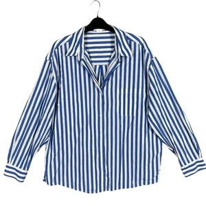 Classics by Worth XL blau weiß gestreift Baumwolle Knopf V-Ausschnitt Kragen Bluse Top - Bild 1 von 9
