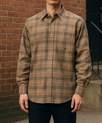 Camisa masculina Tommy Hilfiger xadrez L bege azul botão ajuste clássico algodão Taiwan - Imagem 1 de 4