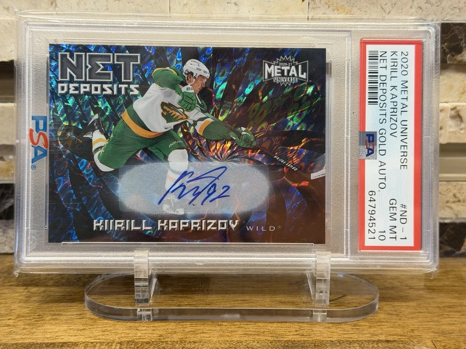 2020-21 Metal Universe Kirill Kaprizov Net Deposits Gold Auto PSA 10 Rookie RC - Image 1 of 2