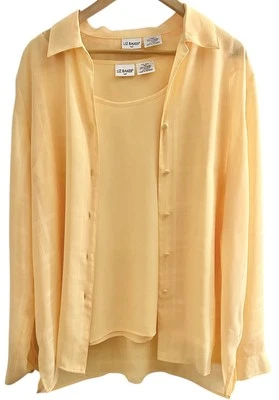 Liz Baker 高暖黄色纽扣透明衬衫和背心套装轻便 16T 码 — 第 1/4 张图片