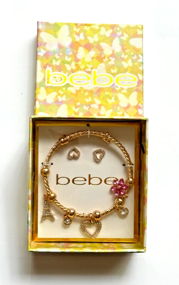 BEBE GOLD TONE ROPE CHAIN BANGLE HEART CRYSTAL BRACELET W EARRINGS - Image 1 of 1