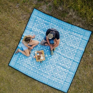RECYCLED Plastic Outdoor Rug | Camping Mat | 2.4m Square, Ocean Blue & Grey - Picture 1 of 5