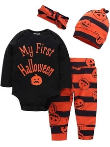 Infant Baby Halloween Pumpkin Costume My 1st Halloween 4PCs Outfits Jumpsuit New - Picture 1 of 7