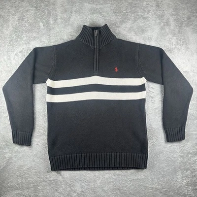 VTG Y2K Polo Ralph Lauren Women’s Q Zip Mock Neck Sweater Black Stripe Cotton M - Image 1 of 4