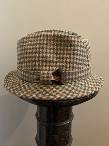 Glen Appin Of Scotland Fedora Hat Cap Harris Tweed Wool Houndstooth Feather - Picture 1 of 9