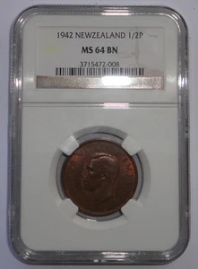 NEW ZEALAND COIN 1/2  PENNY 1942  NGC MS 64 BN  - Picture 1 of 2