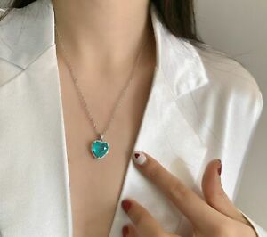 925 Sterling Silver Paraiba Tourmaline Gemstone Diamond Heart Pendant Necklace@F