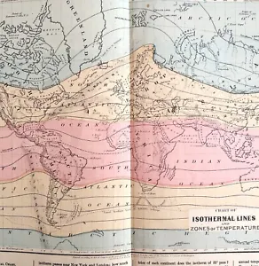 Map Of The World 1884 Isothermal Zones Temperatures Victorian Lithograph DWP3D - Picture 1 of 2