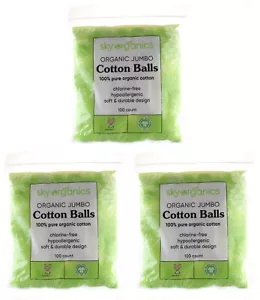 ORGANIC COTTON BALLS 3 BAGS OF 100 SKY ORGANICS HYPOALLERGENIC SENSITIVE SKIN - Picture 1 of 7
