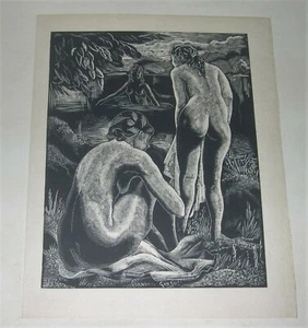 Bathers Woodblock Print, Emil Ganso Listed Artist - Picture 1 of 3