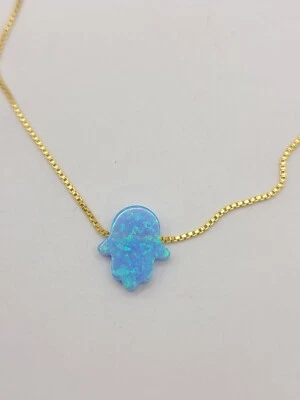 Collar de cadena delicado a mano Hamsa ópalo latón chapado en oro de 14k 16" Foto 1 de 2