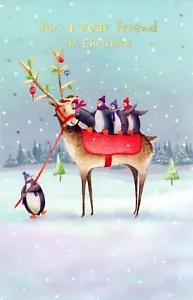 Nice CHRISTMAS Card FOR A DEAR FRIEND, Deer Penguins by PS Greetings + Envelope - Picture 1 of 4