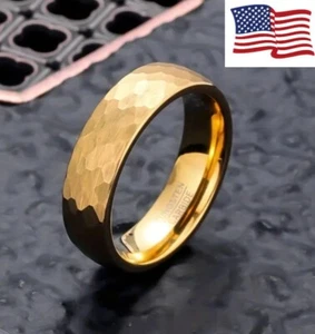 Wedding Ring Mens 6mm. Gold Hammered Tungsten Wedding Band Size 10 | US Seller - Picture 1 of 2
