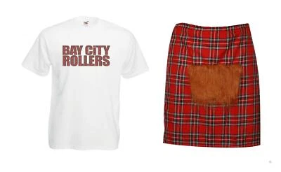 Mens 1970s Bay City Rollers T-Shirt & Red Tartan Kilt Rock Pop Fancy Dress - Image 1 of 2