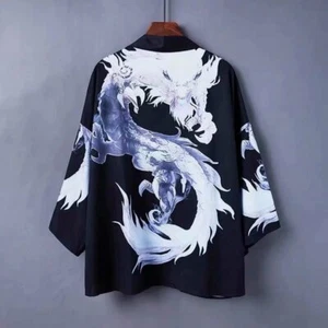 Womens Ladies Chinese Japanese Oriental Black Kimono White Dragon Top ltop26 - Picture 1 of 1