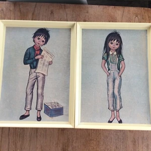 Pair of vintage Ozz Franca style Big Eyes girl boy pictures prints 1960s retro - Picture 1 of 8
