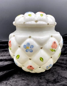 Barattolo biscotti trapuntato vintage in vetro consolidato Co., con coperchio, fiori dipinti a mano - Foto 1 di 15