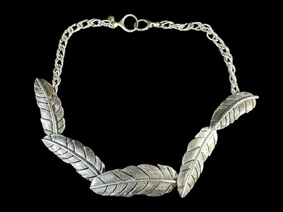 Vintage FOSSIL Silver Tone Feather Leaf Statement Necklace Boho Nature Jewelry. - Image 1 of 4