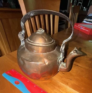 Antique Copper Tea Pot 5” X 6” Wrought Iron Handle Rustic - Picture 1 of 7