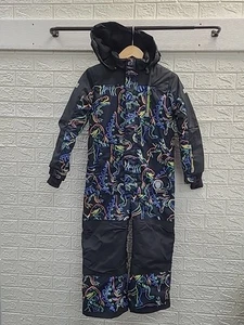New Deux Par Deux Printed Neon Dinos Black Snow Jumpsuit and Ski Mask Size 8 - Picture 1 of 15