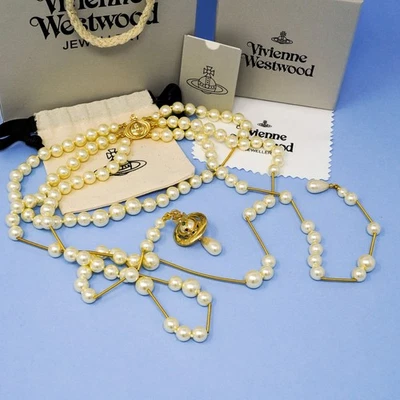 Vivienne Westwood Necklace Gold Tone Bas Relief Broken Pearl Orb Choker Box Set - Image 1 of 4