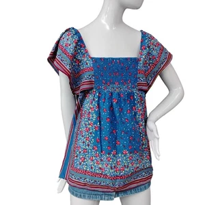 Twentyone Bandana Bohemian Top Größe L blau und rot Blumenmuster Kurzarm - Bild 1 von 5