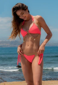 Women’s Coral Pink Gold Chain Diamante Two Pieces Strappy Bikini Swimsuit.XS-XL - Picture 1 of 11