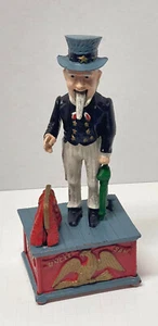 Vntg Uncle Sam Cast Iron Piggy Bank Mechanical Put Coin In Hand & Pushed Button - Picture 1 of 11