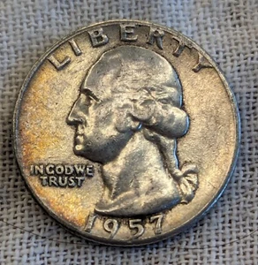 1957 Washington Viertel vz/au; schön getönt, Typ B Rückseite -,9 Feinsilber - Bild 1 von 7