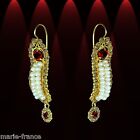Beautiful yellow gold pearl Frida gusano earrings, red crystals, dangles M-F 