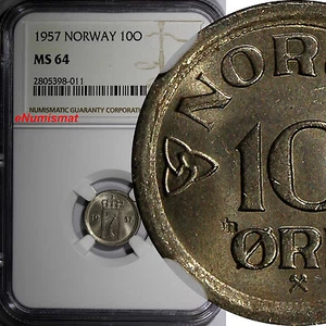 Norway Haakon VII 1957 10 Ore NGC MS64 LAST DATE TYPE TOP GRADED KM# 396 (011) - Picture 1 of 4