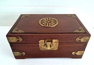Vintage Chinese Wood Jewelry Box Brass Metal Accents Red Interior 12x8x5.5" H - Picture 1 of 19