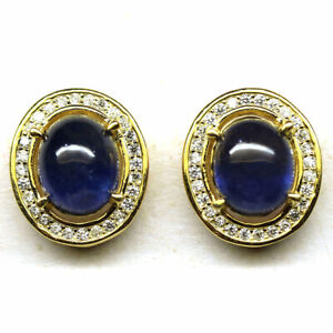 NATURAL BLUE SAPPHIRE & WHITE CZ EARRINGS 925 SILVER 14K GOLD COATED