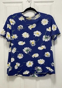 Jones New York Womens Floral Short Sleeve Blue Top Size Large - Picture 1 of 5