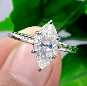 1.50 Marquise Cut Moissanite Solitaire Engagement Ring 14k White Gold Plated - Picture 1 of 6