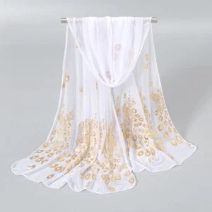170cm*60cm Women Long Silk Scarves Gold Peacock Chiffon Wrap Shawl Scarves · - Picture 1 of 30