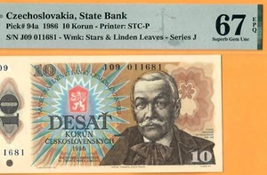CZECHOSLOVAKIA-10 KORUN-1986-PICK 94a-S/N 011681 **PMG 67 EPQ SUPERB GEM UNC** - Picture 1 of 3