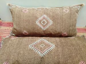 Two Large Moroccan Lumbar Cactus Sabra Silk Handmade Pillows Cushion Cover