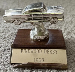 Vintage 1968 Boy Scout Pinewood Derby trophy/award - Gold Color With Wood Base - Picture 1 of 5