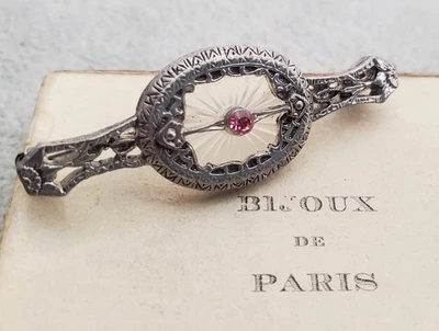 Vintage Art Deco Revival Camphor Glass & Rhinestone Filigree Embossed Pin - Image 1 of 4