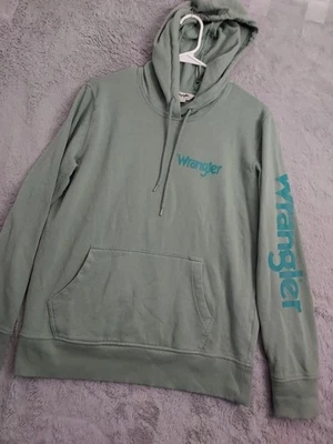 Moletom com capuz Wrangler retrô feminino manga média logotipo soletrado cordão de lã verde - Imagem 1 de 4